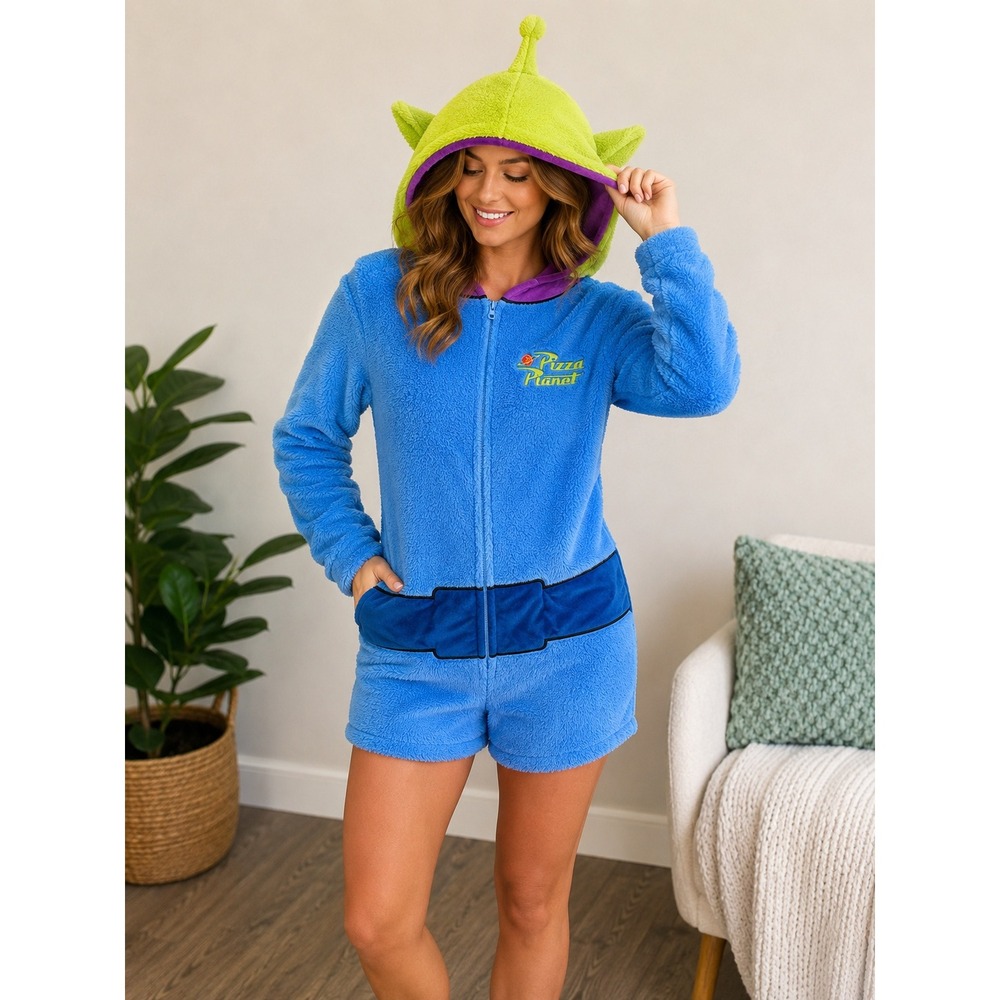 Disney Toy Story Pizza Planet Alien Romper Blue Sherpa Hooded XS Loungewear
